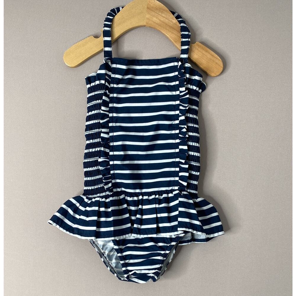 Rachel Riley Girls Navy Blue/White Stripe Breton Ruched Swimsuit 2 Yrs